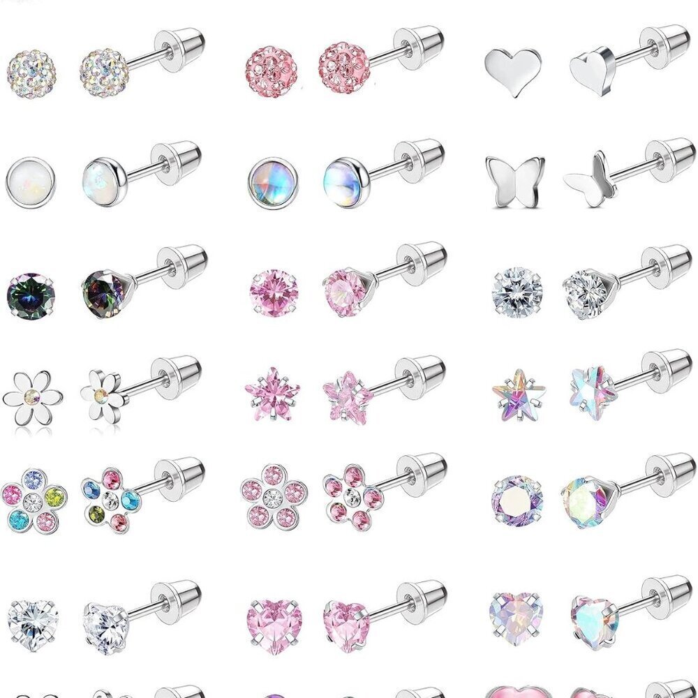 24 Pairs Hypoallergenic Steel Earrings Set for Girls Women Cute Durable Studs